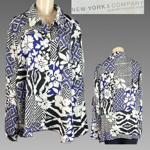 New York & Company +4 Satin Black/White Floral Button Collar Long Sleeve Blouse